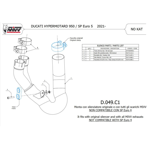 MIVV-Kat-Ersatzrohr, kompatibel mit sowohl MIVV- als auch Original-Schalldämpfern.